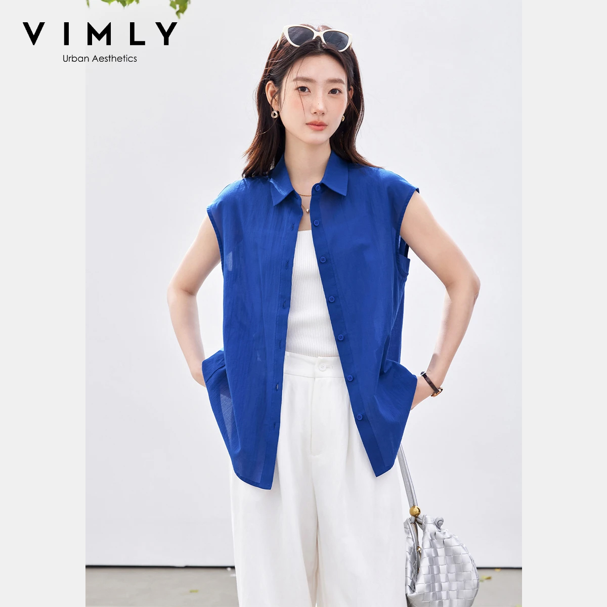 Shirt Camp Collar - VIMLY ミニマリストオフィスノースリーブブラウス女性 2026 夏新クラインブルー綿 100% カジュアルラペルカラーストレートシャツ