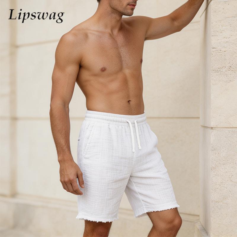 Short Linen Drawstring - おしゃれなリネンショートパンツ メンズ デイリーレジャー 無地 通気性 ルーズショートパンツ