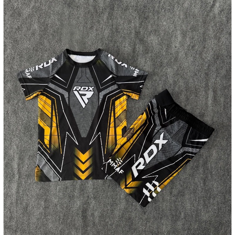 Shirt Camp Collar - 新しいファイティングナイト RDX MMA 八角形ケージボクシング Tシャツセット男性フィットネストレーニングランニングスポーツセット通気性スピード乾燥セット