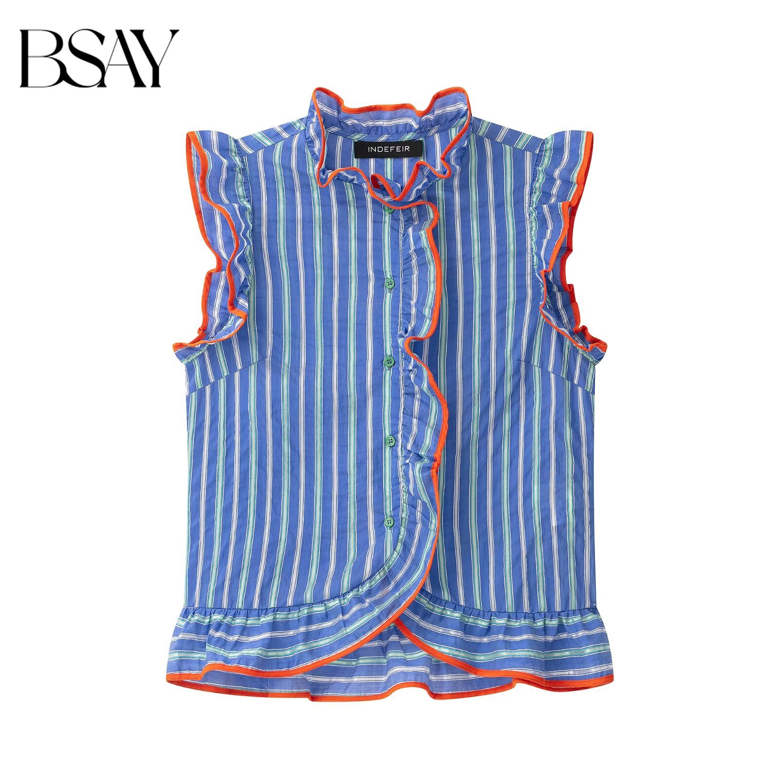 Shirt Camp Collar - BSAY 女性カラフルなストライプノースリーブブラウスフリルトリムスタンドカラーシャツエッジフリル裾ボタンダウンカジュアルサマータンクトップ
