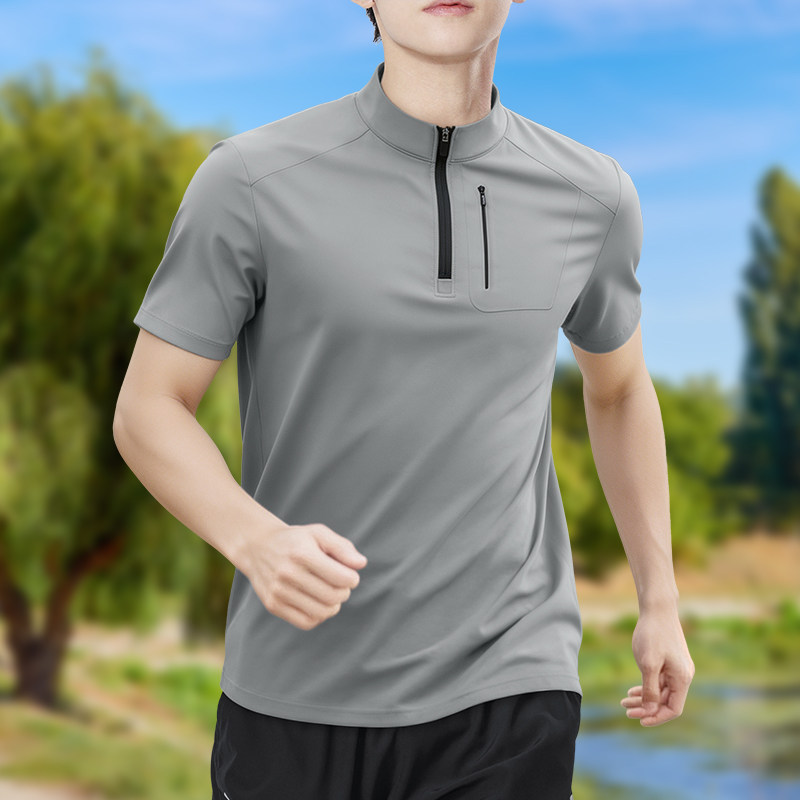 Shirt Camp Collar - メンズハーフジップ高伸縮速乾半袖Tシャツ通気性アウトドアスポーツランニングトレーニングスタンドカラーカジュアルトップ