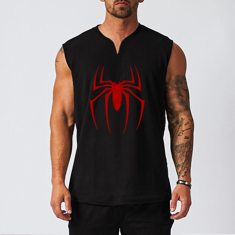 Tank Top Muscle - ノースリーブのスパイダープリントTシャツ,コットン,通気性,Vネック,ボディービル,筋肉の服,フィットネス,赤
