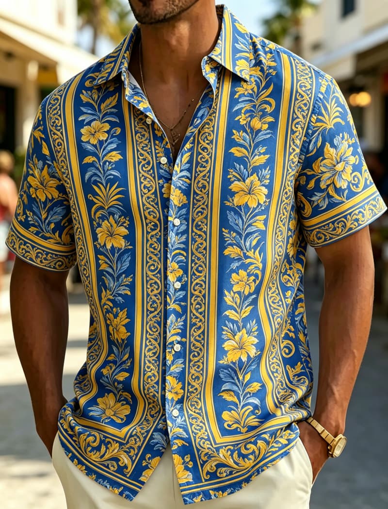 Resort Shirt Floral - メンズ半袖シャツ ラペル付き ヴィンテージ バロック調 花柄ストライププリント ボタンアップ
