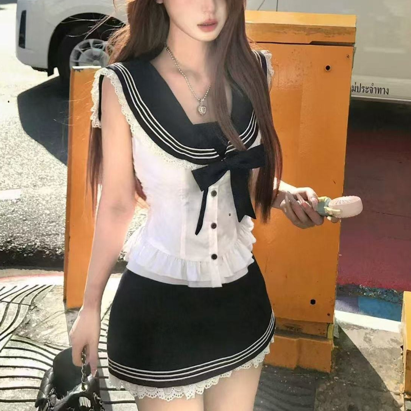 カレッジスタイルの弓甘い 2 点セット女性甘いセーラーシャツ - Shirt Camp Collar のレビューと価格