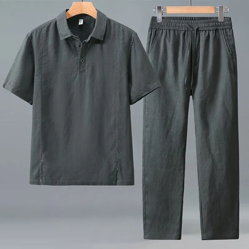 メンズプラスサイズ夏用リネンツーピースセットルーズラペル半袖 - Short Linen Drawstring のレビューと価格