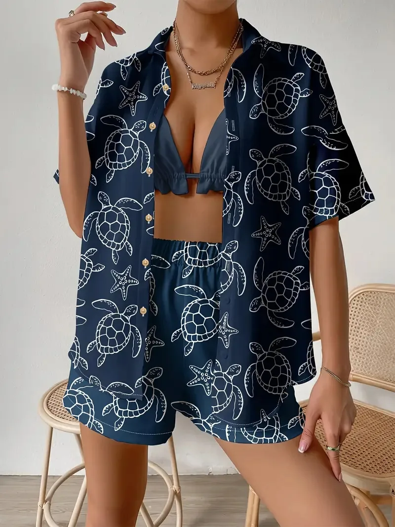 ファッションプリントビーチホリデー 2 点セット女性の夏の半 - Shirt Camp Collar のレビューと価格