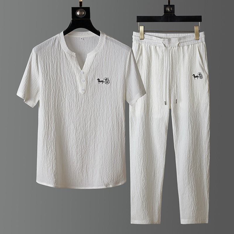 新作夏ファッション トレンド リネン半袖Tシャツセット メン - Short Linen Drawstring のレビューと価格