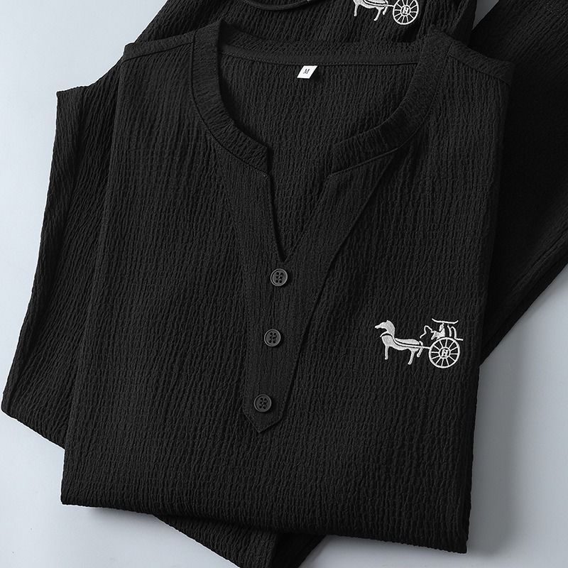 新作夏ファッション トレンド リネン半袖Tシャツセット メン - Short Linen Drawstring のレビューと価格